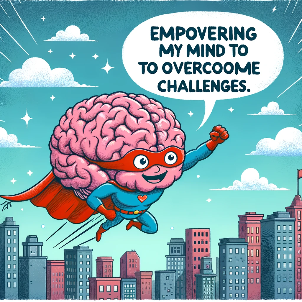 A cartoon of a brain in a superhero cape flying over a city, captioned: "Empowering my mind to overcome challenges."