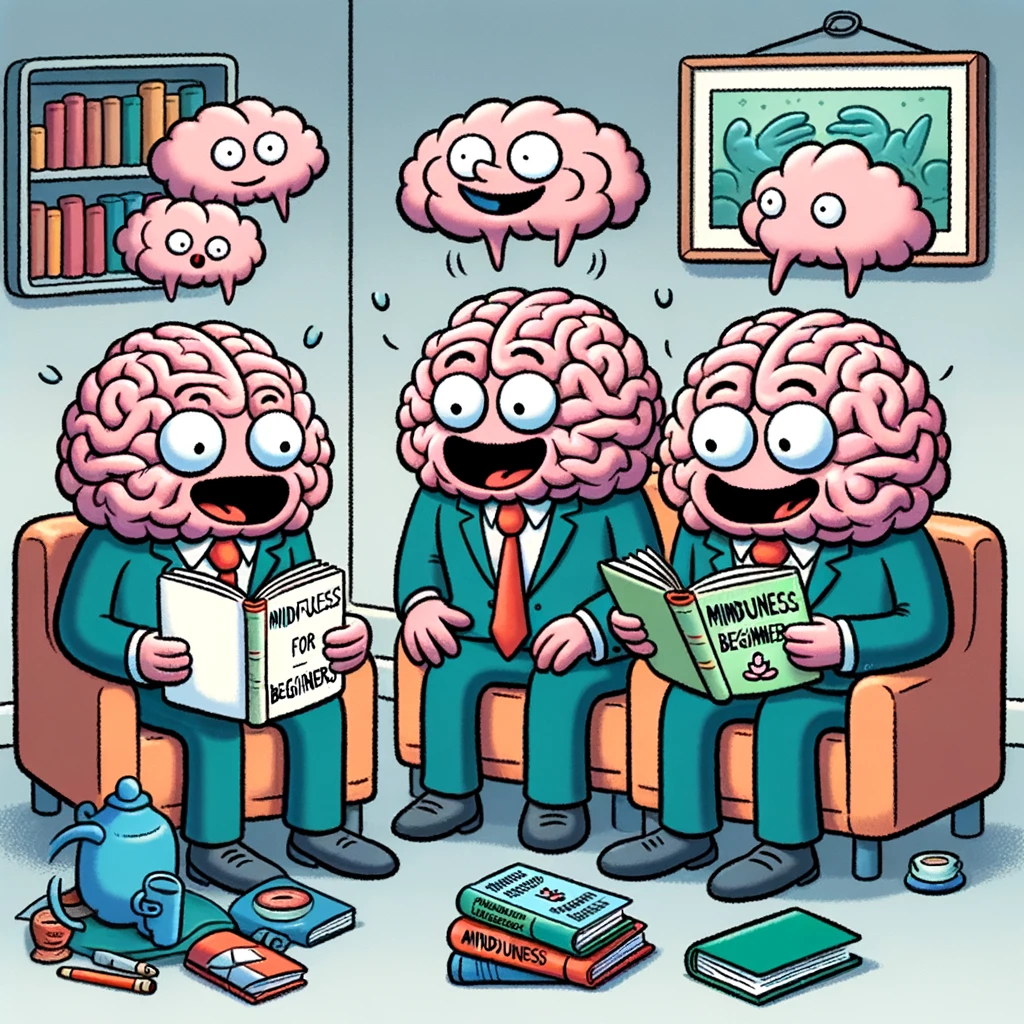 A cartoon of a group of brains in a book club, discussing a book titled 'Mindfulness for Beginners', captioned: "Brains bonding over books."