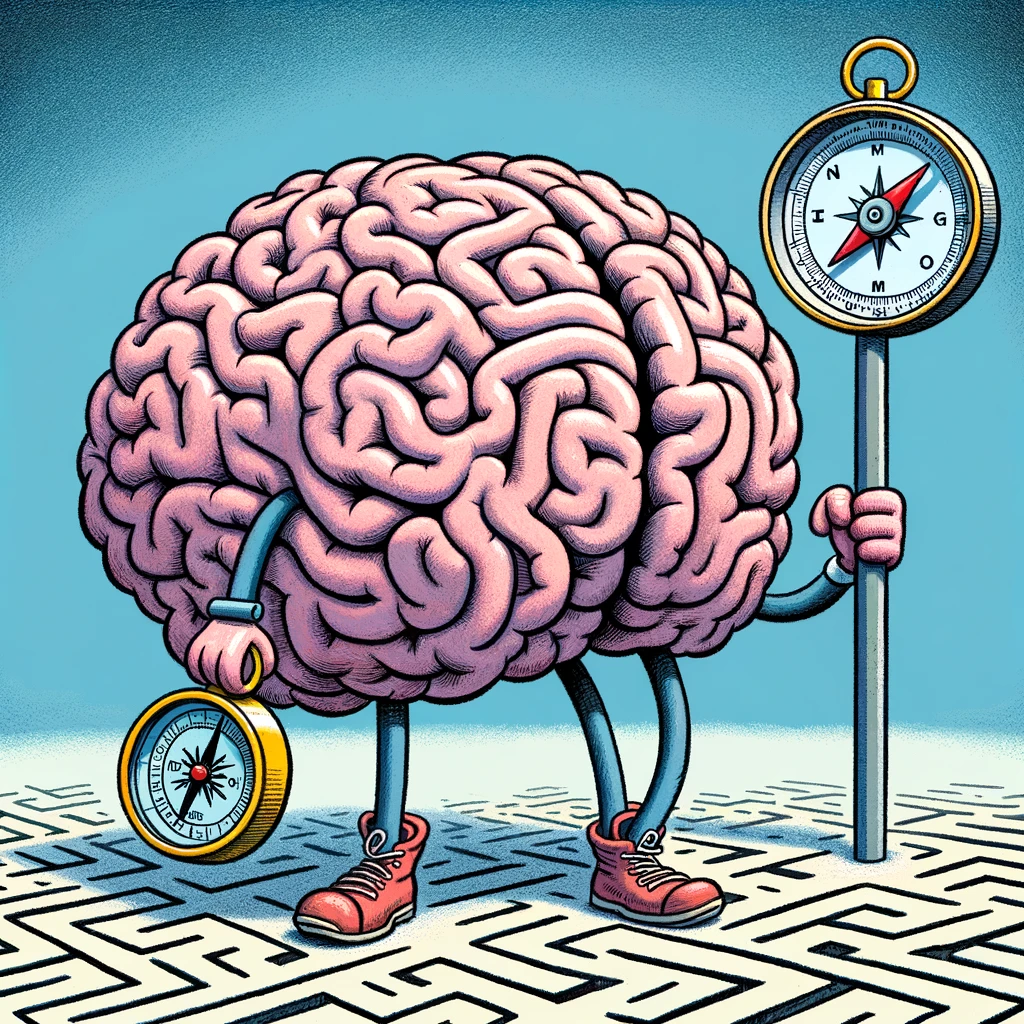 A cartoon of a brain holding a map and a compass, standing at the start of a maze, captioned: "Navigating the complexities of the mind."
