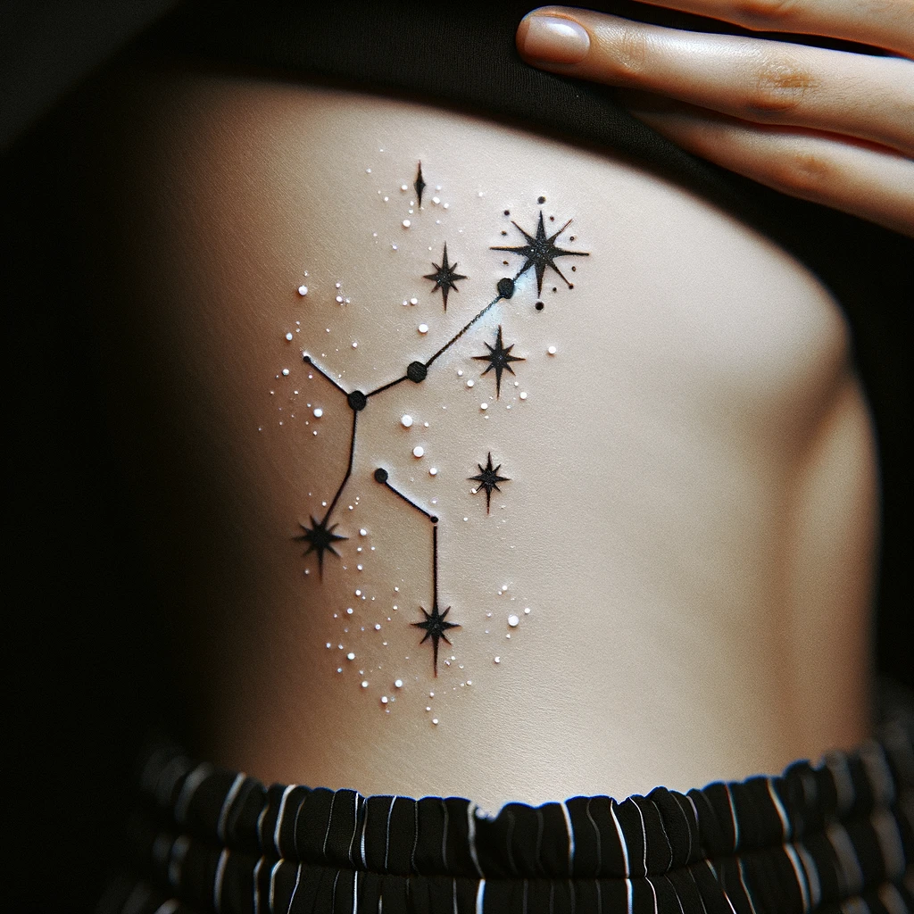 A tasteful and elegant tattoo depicting a zodiac constellation on the side of the ribcage. The design features stars connected by fine lines, with the most luminous star accentuated by a spot of white ink. This artwork symbolizes a personal connection to the cosmos, merging individual identity with the universal allure of starry night skies.
