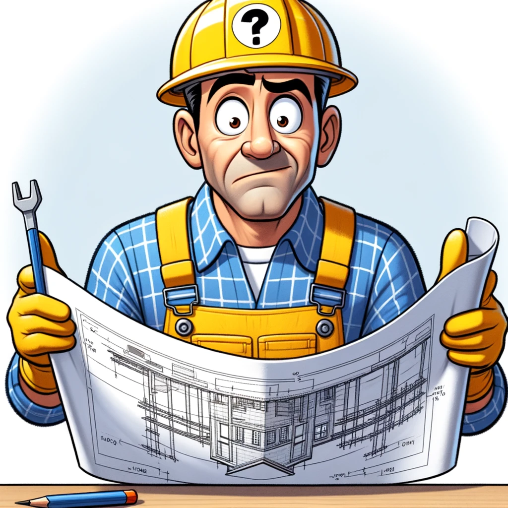A cartoonish construction worker looking puzzled while holding a blueprint upside down. Caption: "When you realize you've been reading the plan wrong all morning."