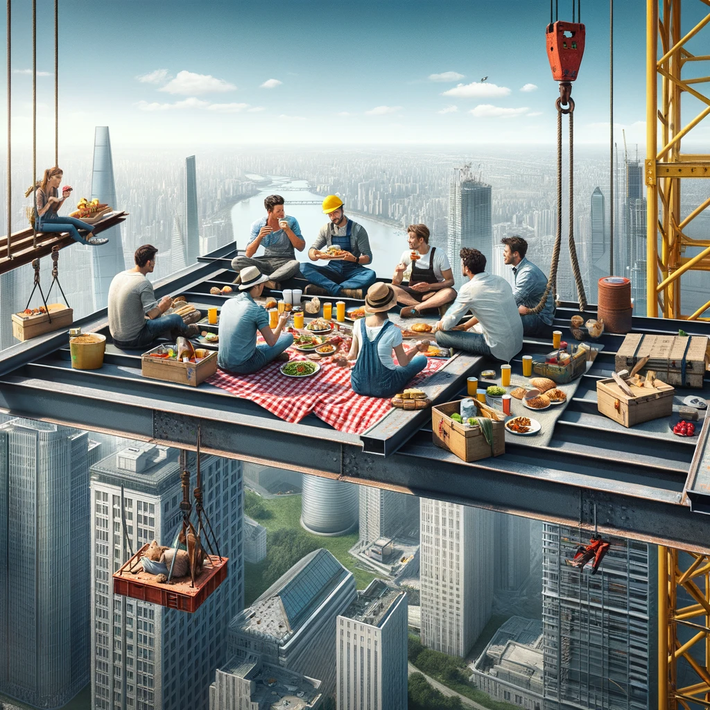 A group of construction workers having a picnic on a steel beam high above the city. Caption: "Lunch break on level 101."