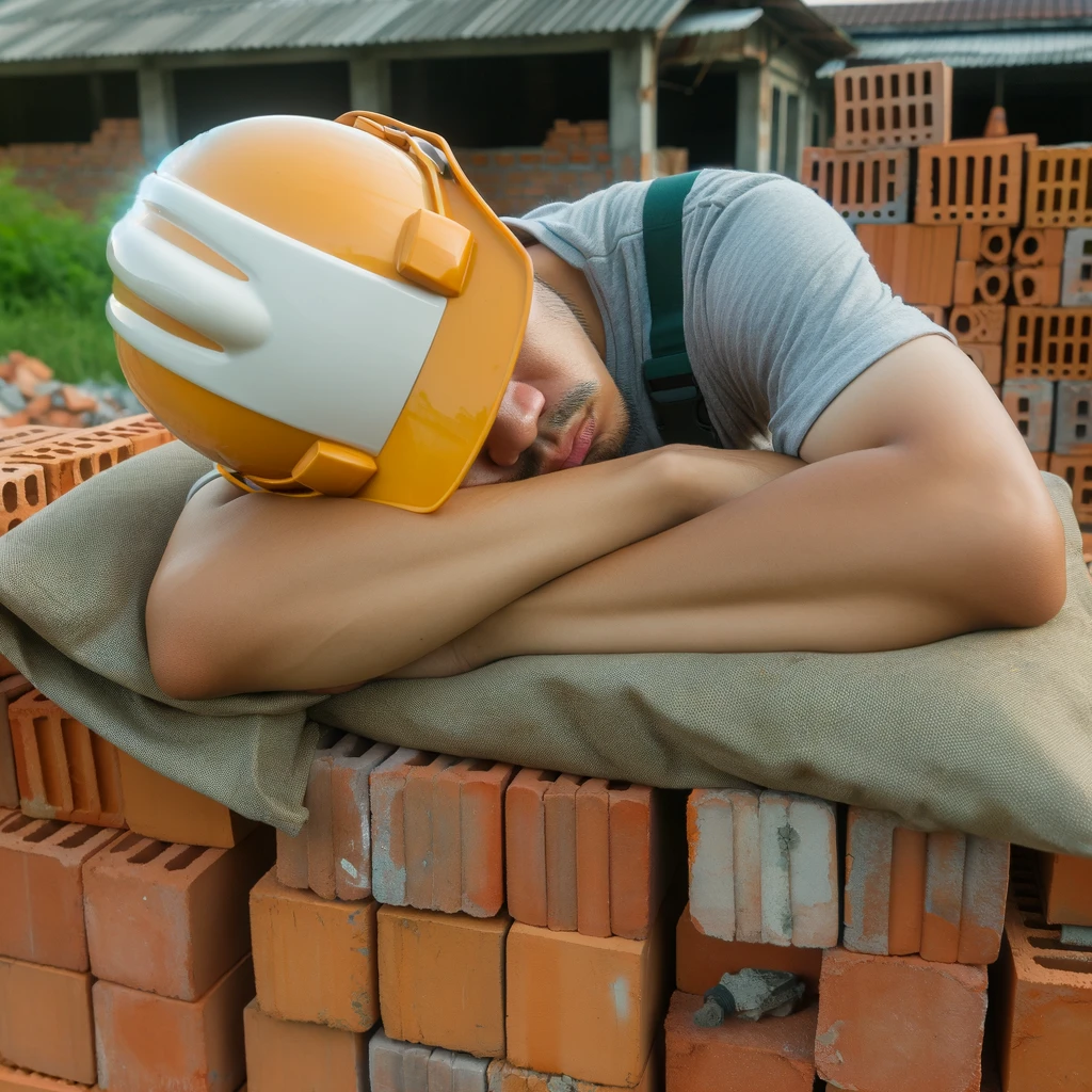A construction worker asleep on a pile of bricks with a safety helmet covering his face. Caption: "Finding the perfect spot for a nap."