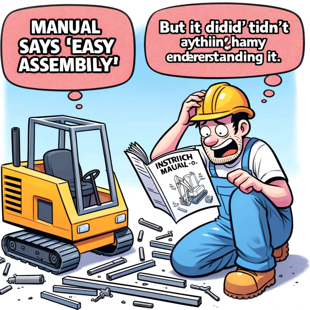 A confused construction worker scratching his head while staring at a construction machine with the instruction manual in hand. Caption: "Manual says 'easy assembly', but it didn't say anything about understanding it."