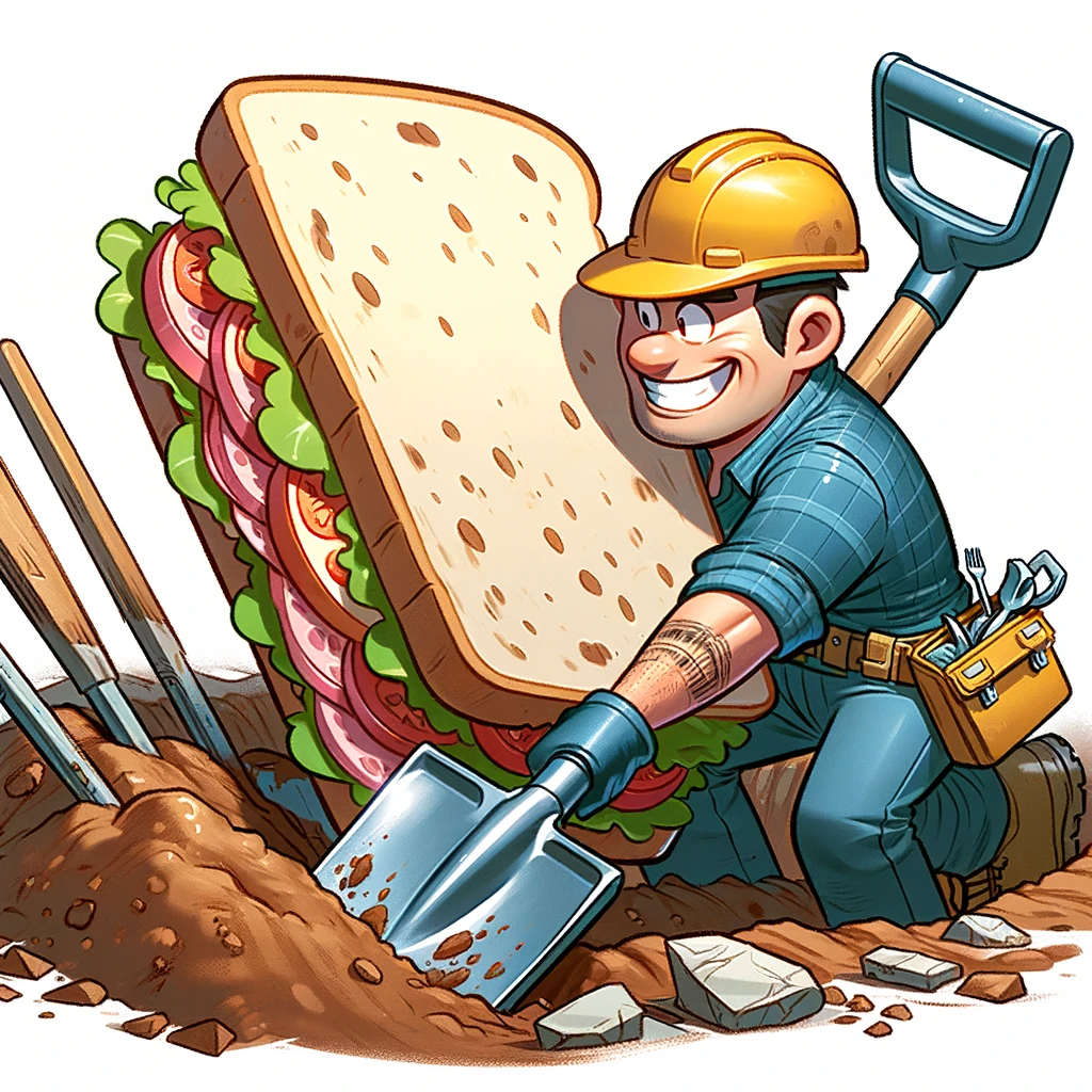 A construction worker using a shovel to hold a large sandwich instead of digging. Caption: "When it's lunchtime, but you can't find your lunchbox."