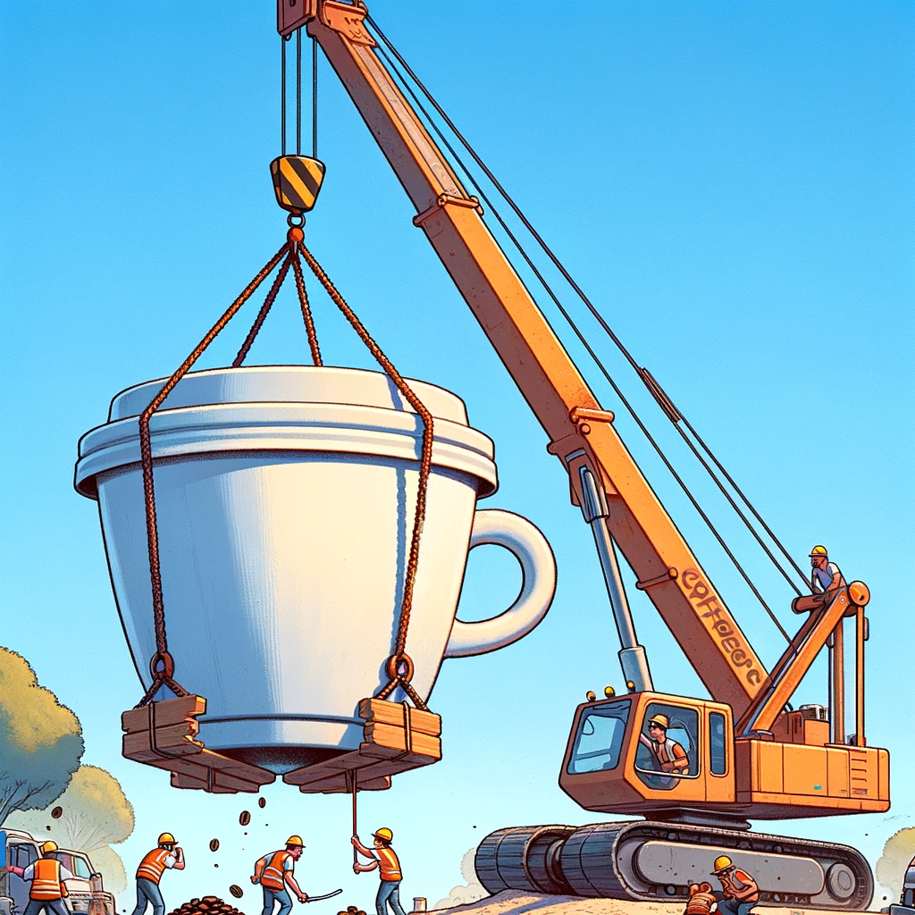 A construction crane lifting a giant coffee cup instead of construction materials. Caption: "When the construction team needs a bigger coffee break."