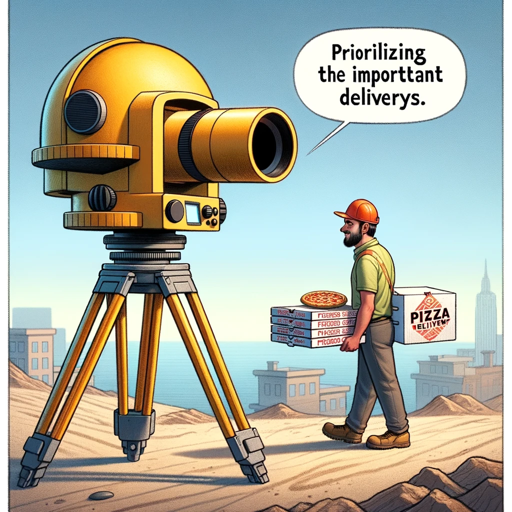 A construction worker looking through a leveled transit (theodolite), but it's aimed at a pizza delivery guy instead of the construction site. Caption: "Prioritizing the important deliveries."