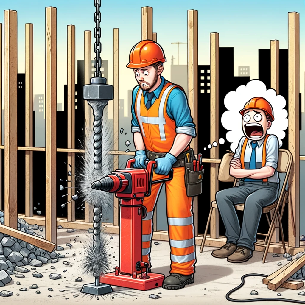 A construction worker trying to use a jackhammer, but it's bouncing uncontrollably. Caption: "First day with the jackhammer: Expectation vs. Reality."