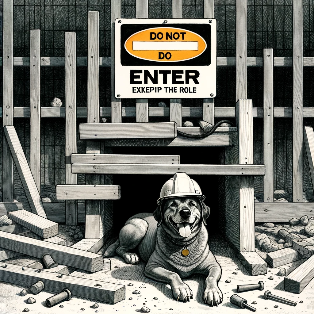 A construction site with a sign that reads "Do Not Enter," but a dog is sitting proudly inside, wearing a construction helmet. Caption: "The only exception to the rule."
