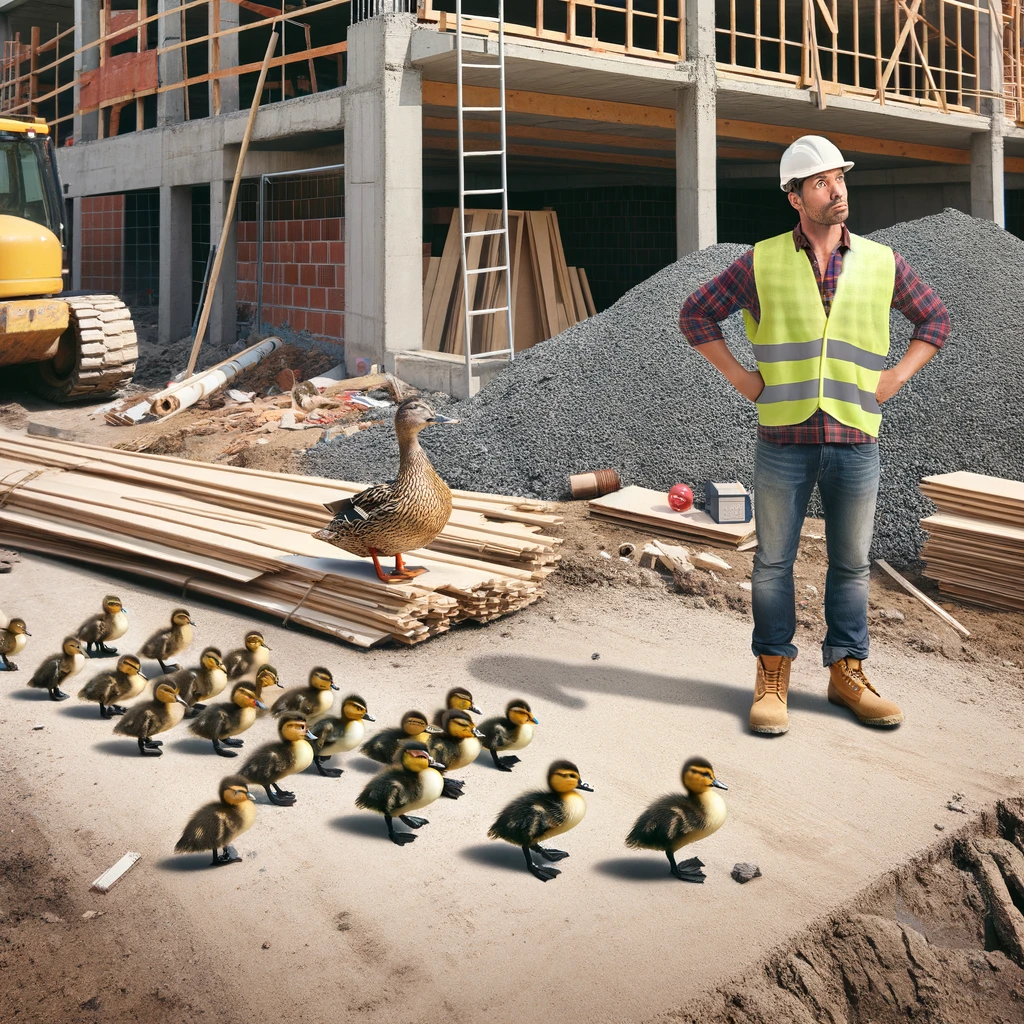 A construction worker standing with a confused expression as a duck leads a line of ducklings across the construction site. Caption: "When wildlife supervises the work."