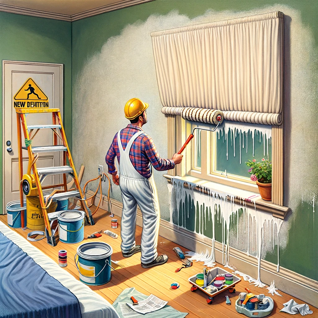 A construction worker holding a paint roller, accidentally painting over a window instead of the wall next to it. Caption: "A new definition of window treatments."