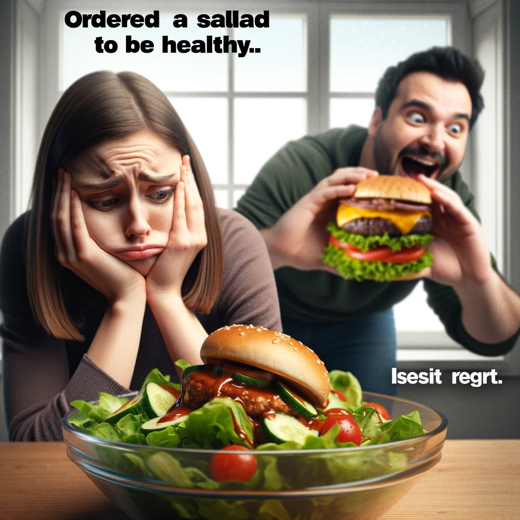 An image of a person looking dejectedly at their salad bowl, while in the background, their friend is joyfully eating a delicious burger. The person with the salad appears to have a look of regret and envy, emphasizing the contrast between the healthy but less appealing salad and the indulgent, appetizing burger. The top text reads: 'Ordered a salad to be healthy.' and the bottom text says: 'Instant regret.' The image should capture the humorous irony of food choices and the common feeling of food envy.