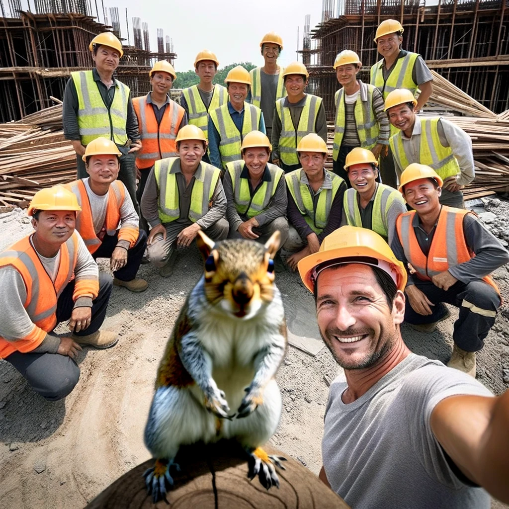 A group of construction workers taking a selfie, but the camera is accidentally focused on a squirrel in the foreground. Caption: "When a squirrel steals your spotlight."