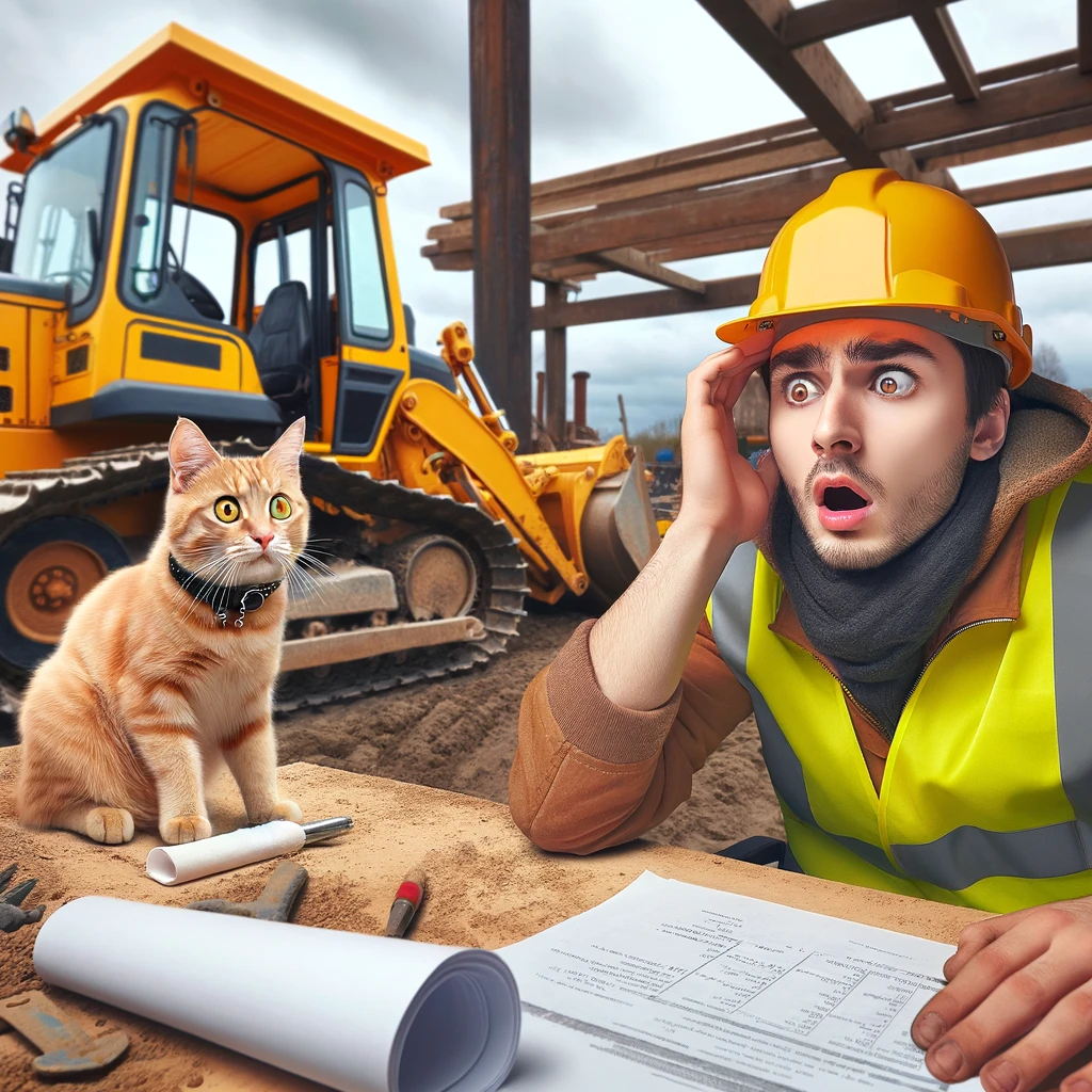 A construction worker looking shocked as a cat operates a bulldozer on the site. Caption: "When the real boss shows up."