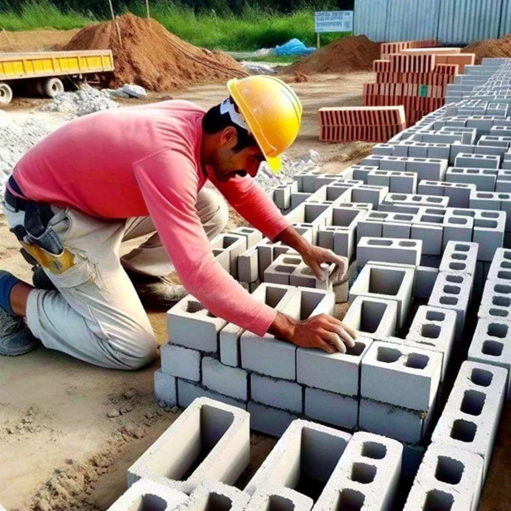 A construction worker meticulously aligning bricks, only to realize they've blocked the site entrance. Caption: "When you're too focused on the details."