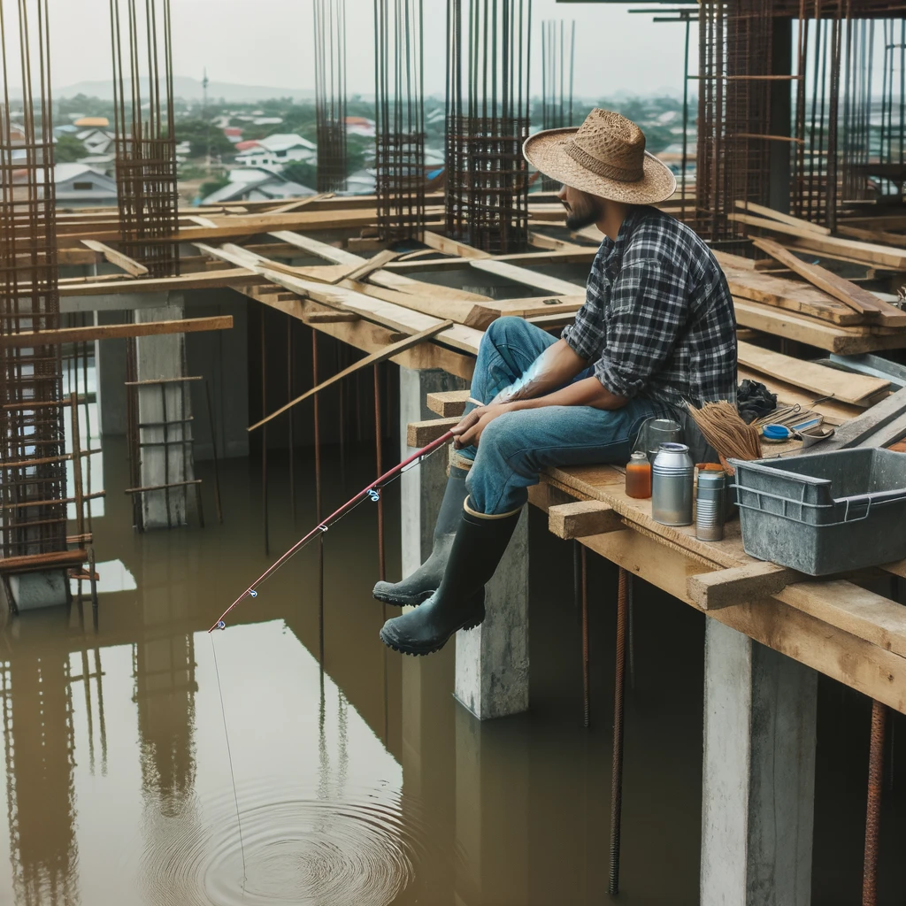 A construction worker sitting on an unfinished roof, fishing into a water puddle below. Caption: "Making the most out of a rainy day at the construction site."