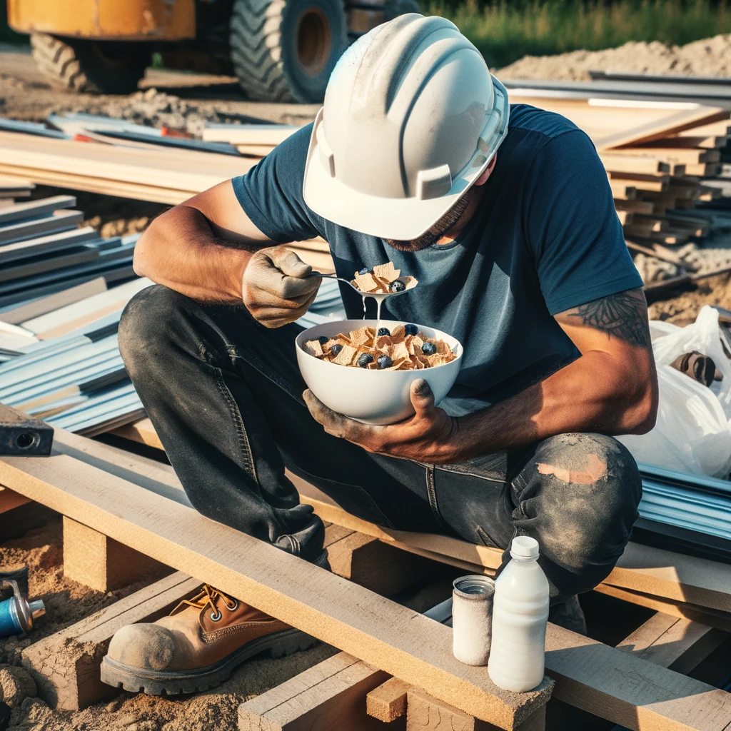 A construction worker using a hard hat as a bowl to eat cereal, sitting on a pile of construction materials. Caption: "When you forget your lunch but improvise with what you have."