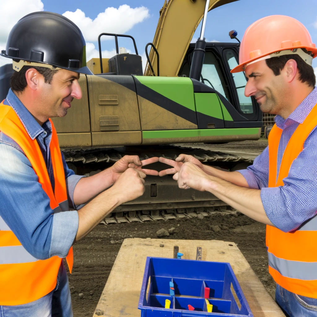 Two construction workers playing rock-paper-scissors to decide who gets to operate the new machinery first. Caption: "Solving important decisions the old-fashioned way."