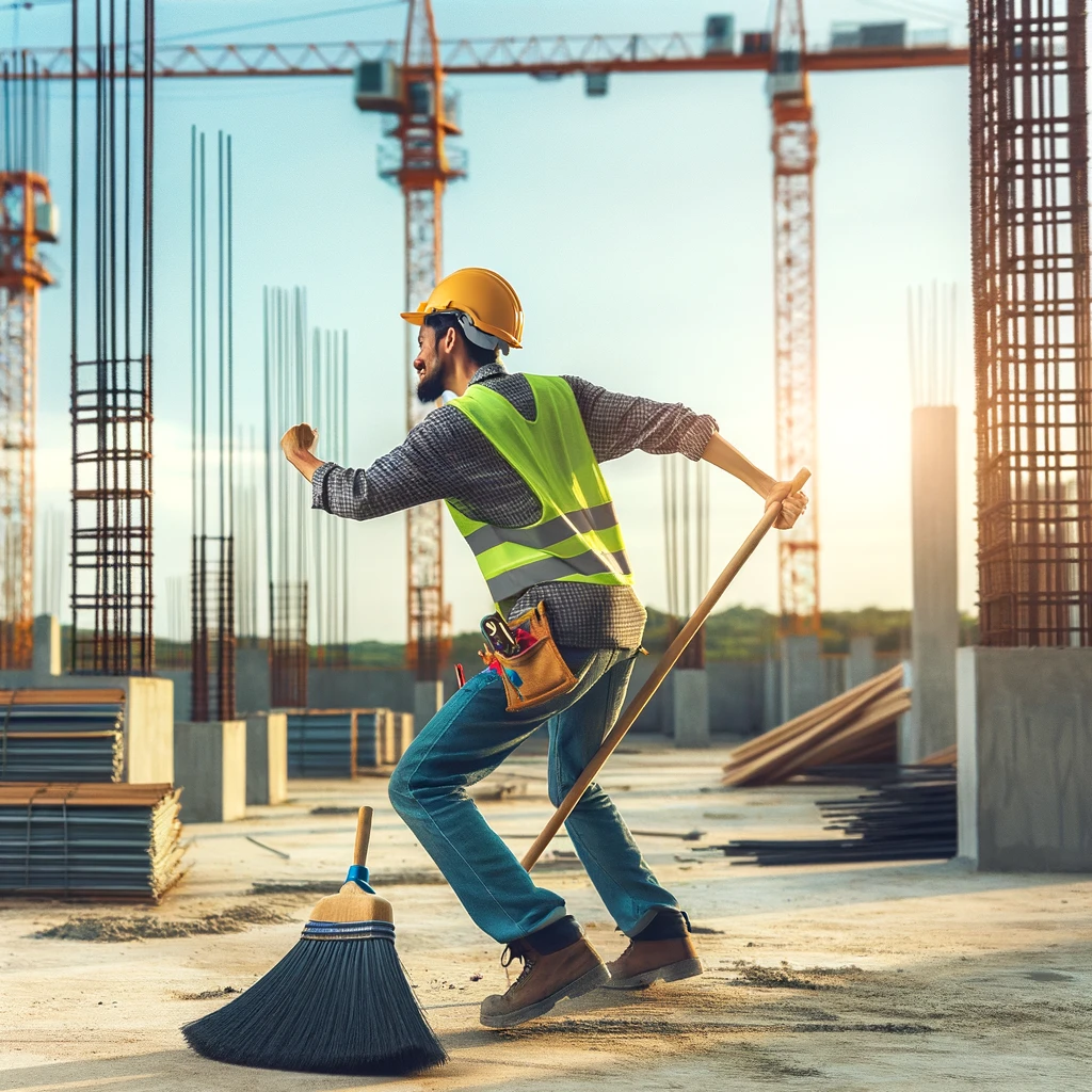 A construction worker dancing with a broom as if it were a partner, on a construction site. Caption: "Finding joy in the little things during the workday."