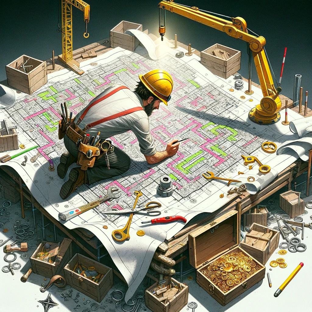 A construction worker looking at a complex blueprint, but it's actually a treasure map. Caption: "When the project feels more like a treasure hunt."