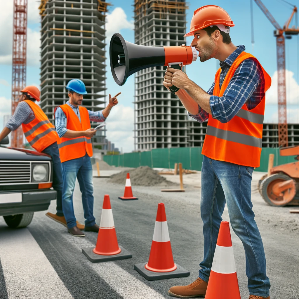A construction worker using a traffic cone as a megaphone to give instructions to the team. Caption: "Innovation in communication at the construction site."