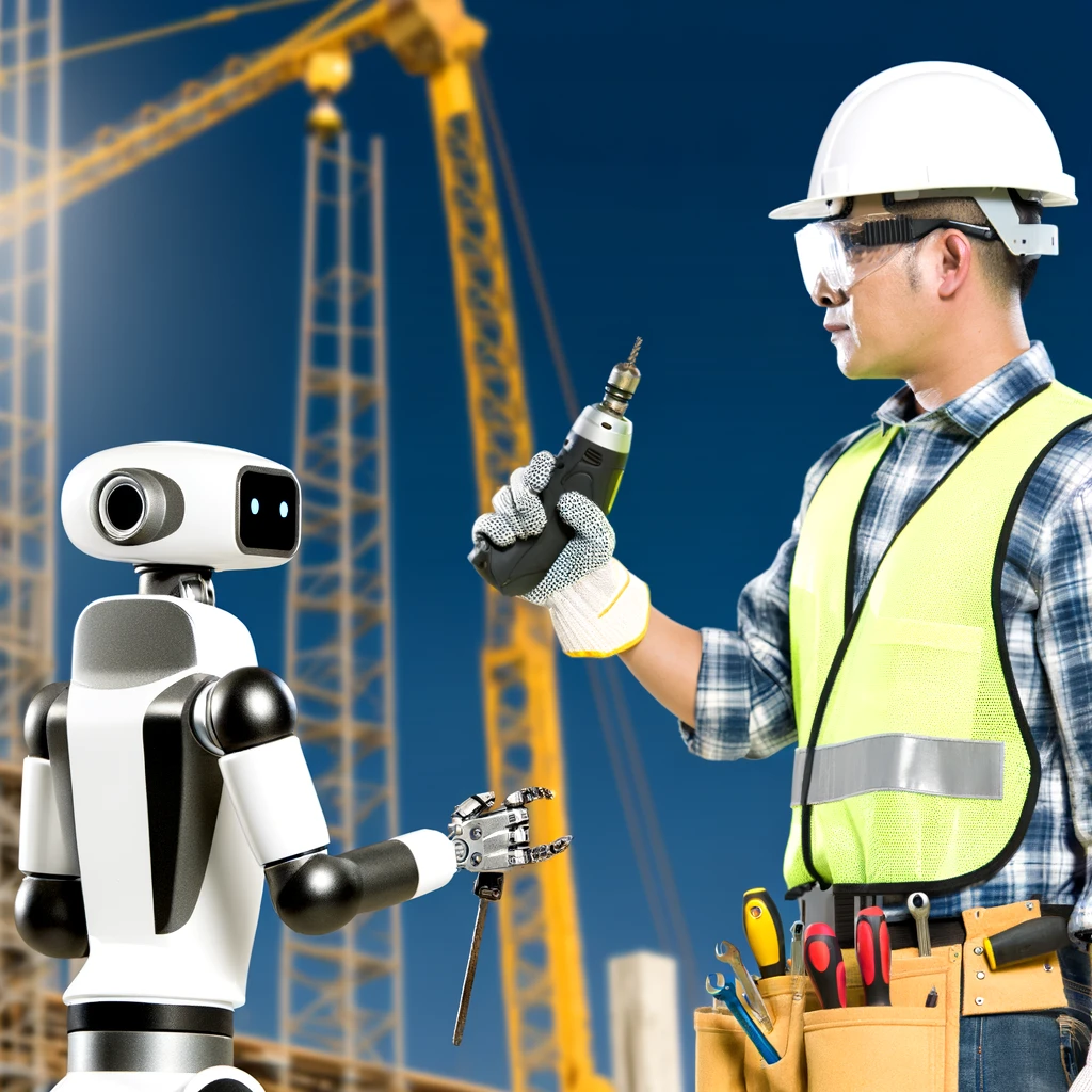 A construction worker and a robot holding tools, working side by side on a construction site. Caption: "When the future of construction meets the present."
