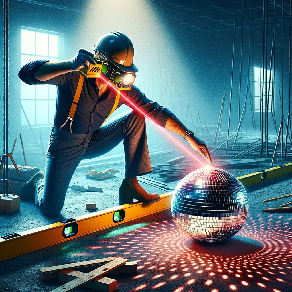 A construction worker using a laser level, but it's pointing at a disco ball, creating a dance floor effect on the site. Caption: "Turning the construction site into a dance floor."