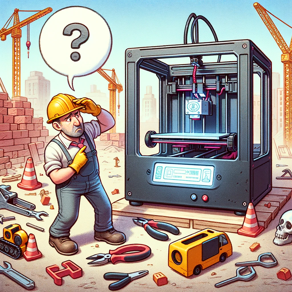 A construction worker puzzled by a 3D printer printing another 3D printer on the construction site. Caption: "When technology starts to get a little too meta."