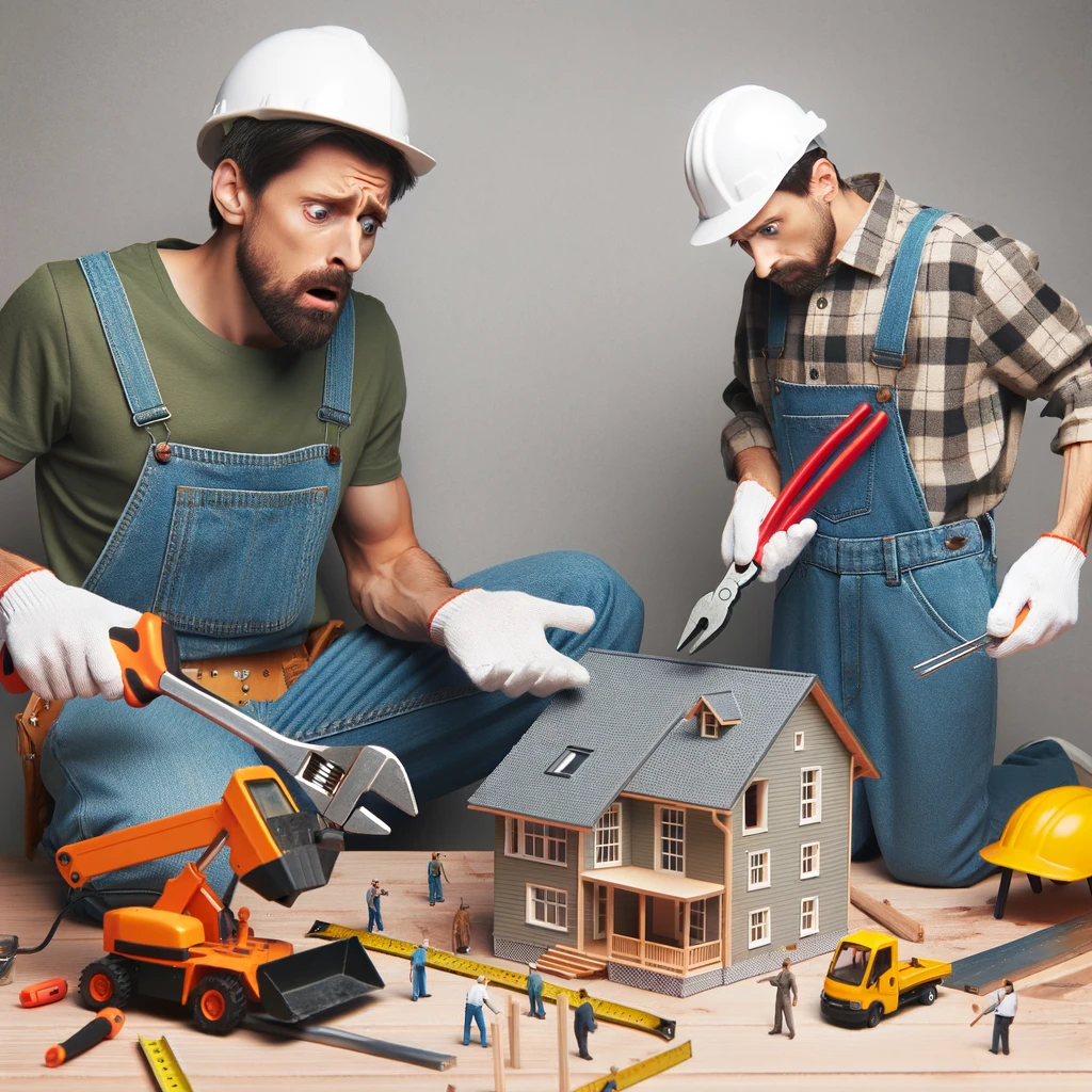 A construction worker using oversized tools for a tiny model house, looking confused. Caption: "When you realize scale is everything."