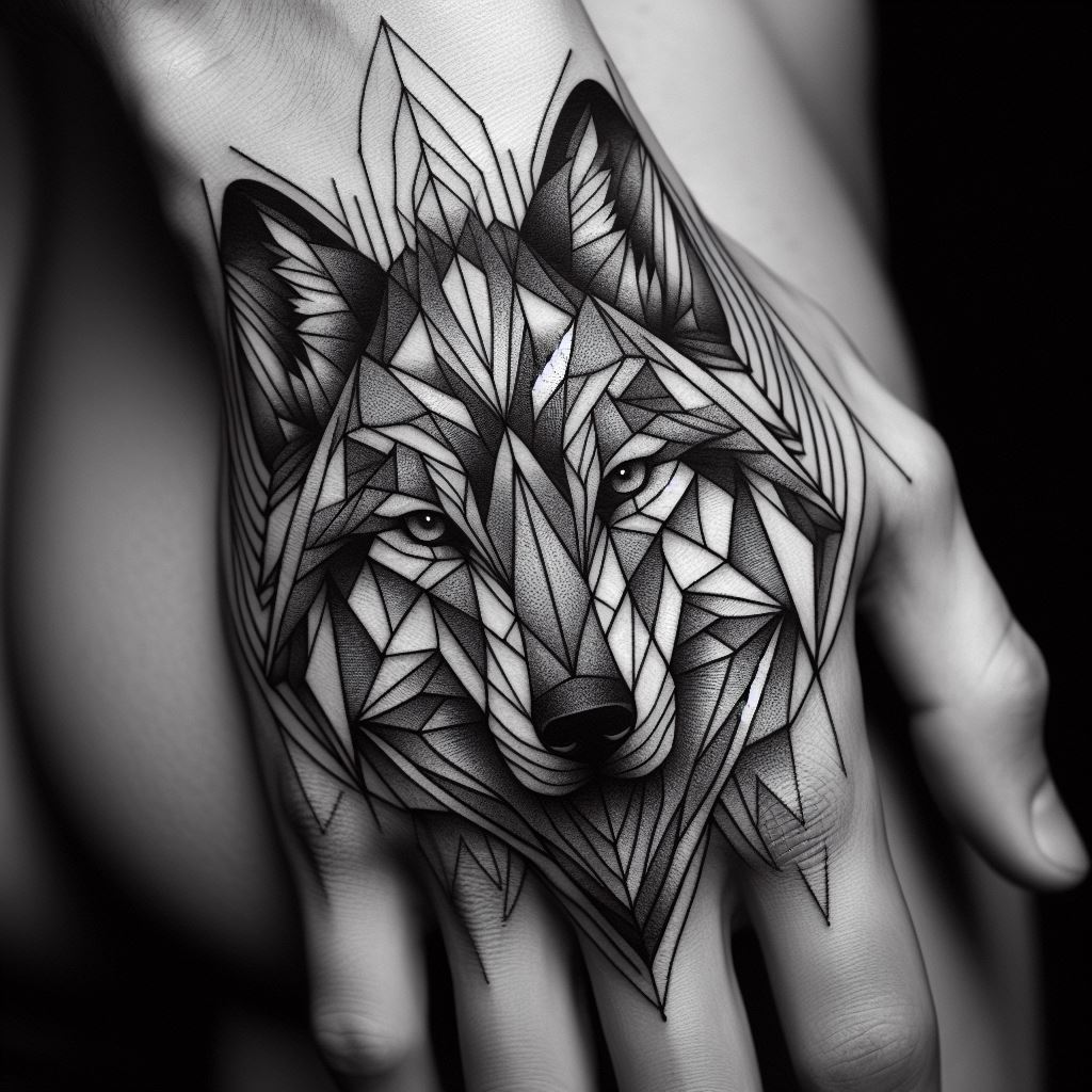 An intricate geometric wolf tattoo design, focusing on sharp lines and angular shapes, on the back of a man's hand. The wolf's head should be centered, covering the space from the base of the fingers to the wrist, blending seamlessly into the skin. The design should have a monochromatic color scheme, emphasizing the wolf's fierce gaze.