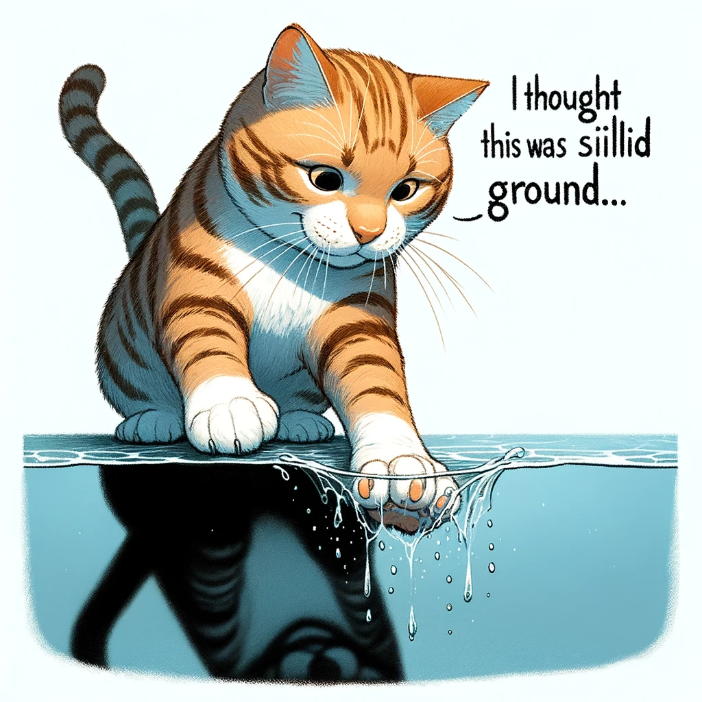 A playful image of a cat hesitantly touching water with its paw, with the caption "I thought this was solid ground..."