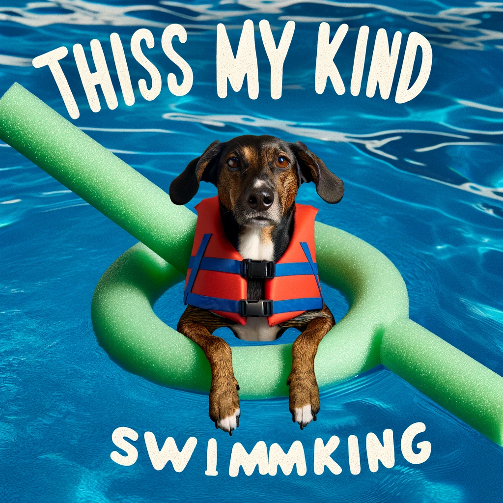 A humorous image of a dog wearing a life jacket, floating on a pool noodle, with the caption "This is my kind of swimming"