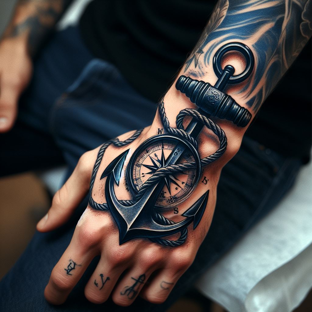 A detailed nautical-themed tattoo on a man's hand, featuring a compass and anchor entwined with rope. Place the compass on the back of the hand, with the anchor's top just below the knuckles, extending the rope design slightly down the wrist. The tattoo should use deep blues and blacks to highlight the nautical elements, creating a sense of adventure.
