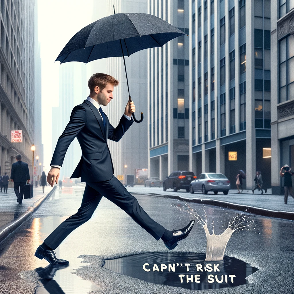 An amusing image of a person in a business suit using an umbrella to shield themselves from a small puddle, with the caption "Can't risk the suit"