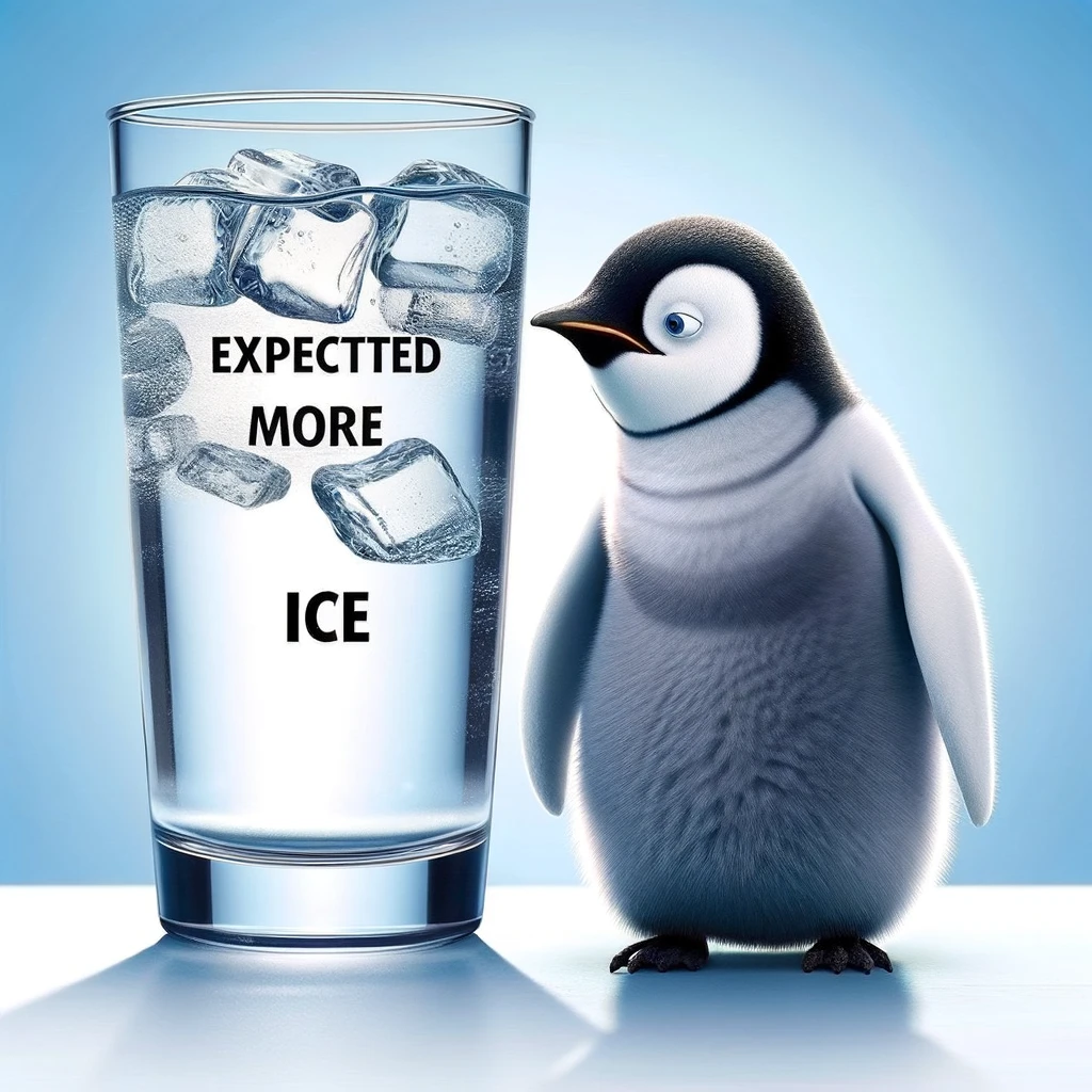 A witty image of a penguin looking at a glass of water, with the caption "Expected more ice"