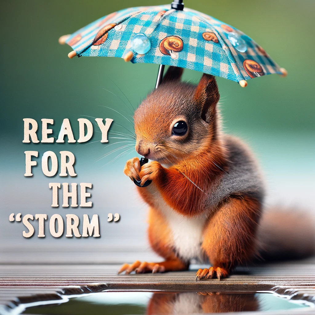 A comical image of a squirrel with a tiny umbrella, standing next to a water puddle, with the caption "Ready for the storm"