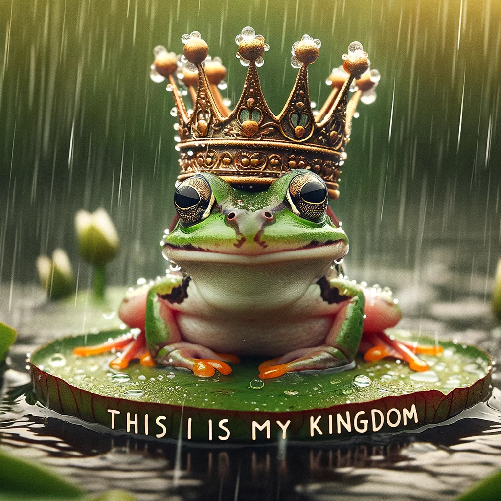 A funny image of a frog with a crown, sitting on a lily pad in rain, with the caption "This is my kingdom"