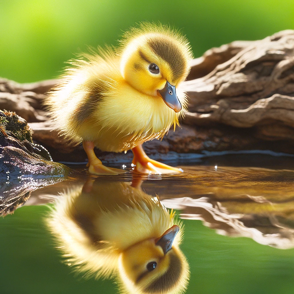 An endearing image of a duckling looking confused at its reflection in the water, with the caption "Who's that?"