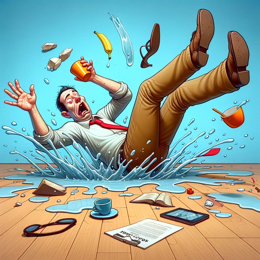 A hilarious image of a person slipping on a water spill, with their items flying in the air, and the caption "Water you doing?"