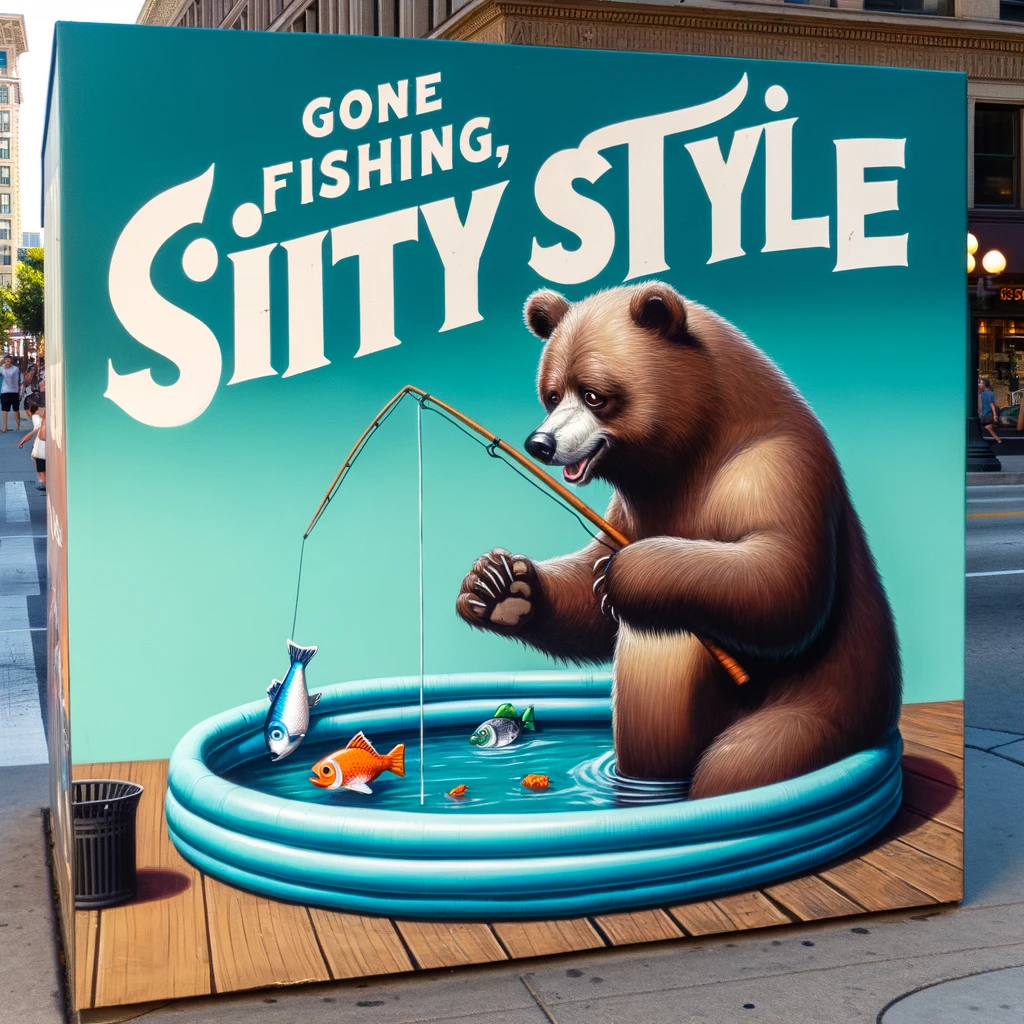 A playful image of a bear attempting to fish in a small inflatable pool, with the caption "Gone fishing, city style"