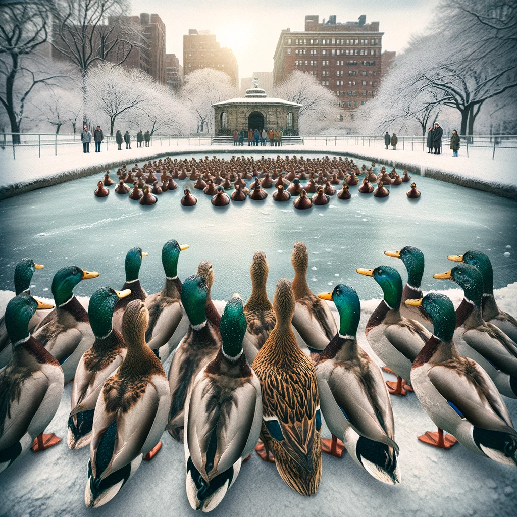 An image of a group of ducks staring at a frozen pond, with the caption "When the pool is closed for winter"