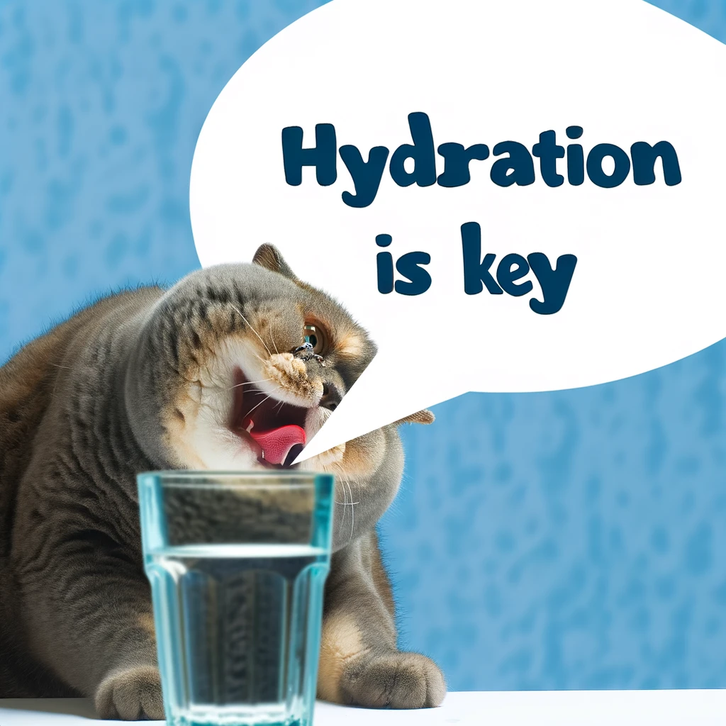 A comical image of a cat drinking from a large glass of water, with the caption "Hydration is key"
