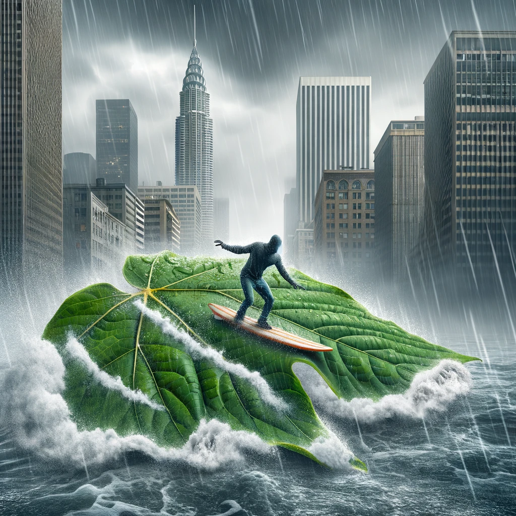 An amusing image of a person surfing on a giant leaf during a rainstorm, with the caption "Urban surfing"