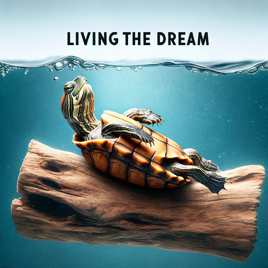 A hilarious image of a turtle floating on a piece of wood, looking relaxed, with the caption "Living the dream"