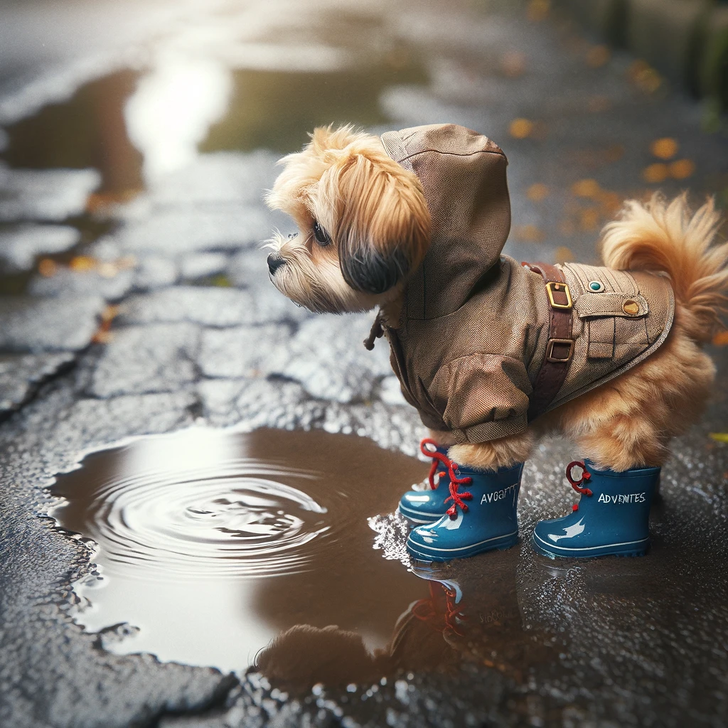 An endearing image of a small dog in a raincoat looking at a large puddle, with the caption "Adventure awaits"