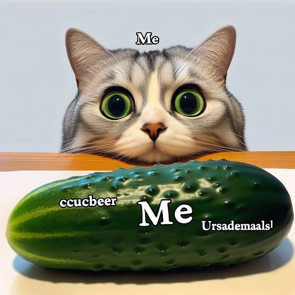 A cat staring wide-eyed at a cucumber, labeled "Me" and the cucumber labeled "Unread Emails".