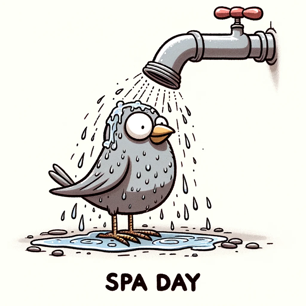 A funny image of a bird showering under a leaking pipe, with the caption "Spa day"