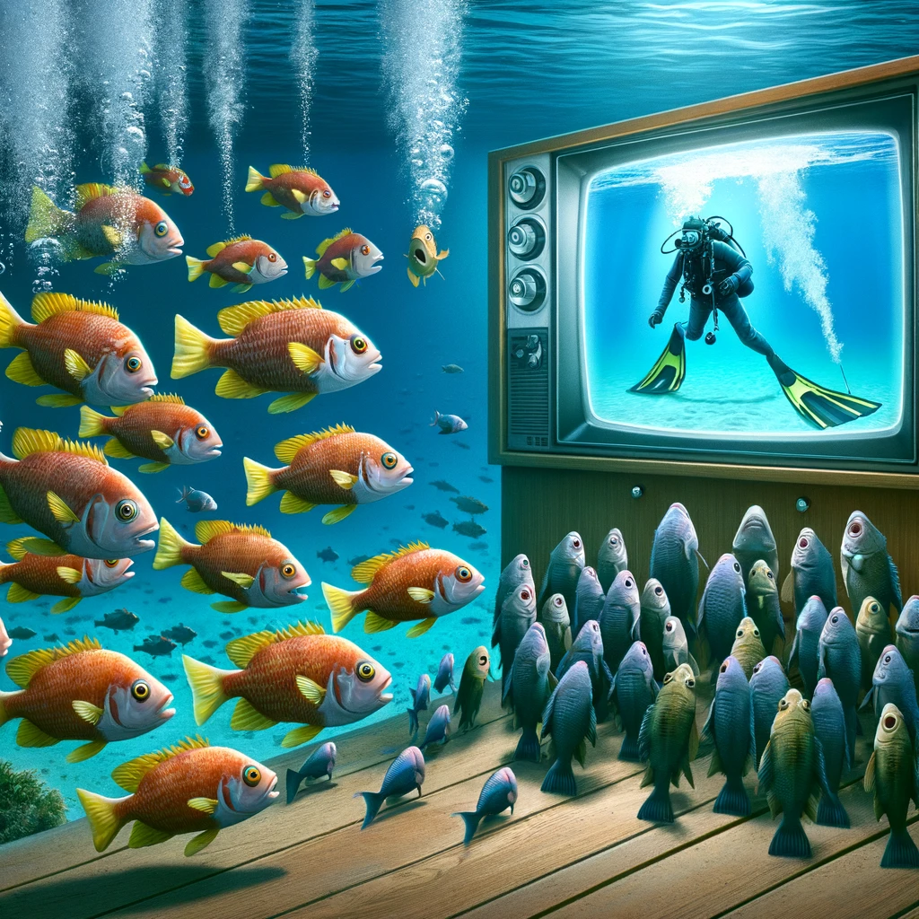 An image of a group of fish in a tank watching a scuba diver on TV, with the caption "Underwater reality show"