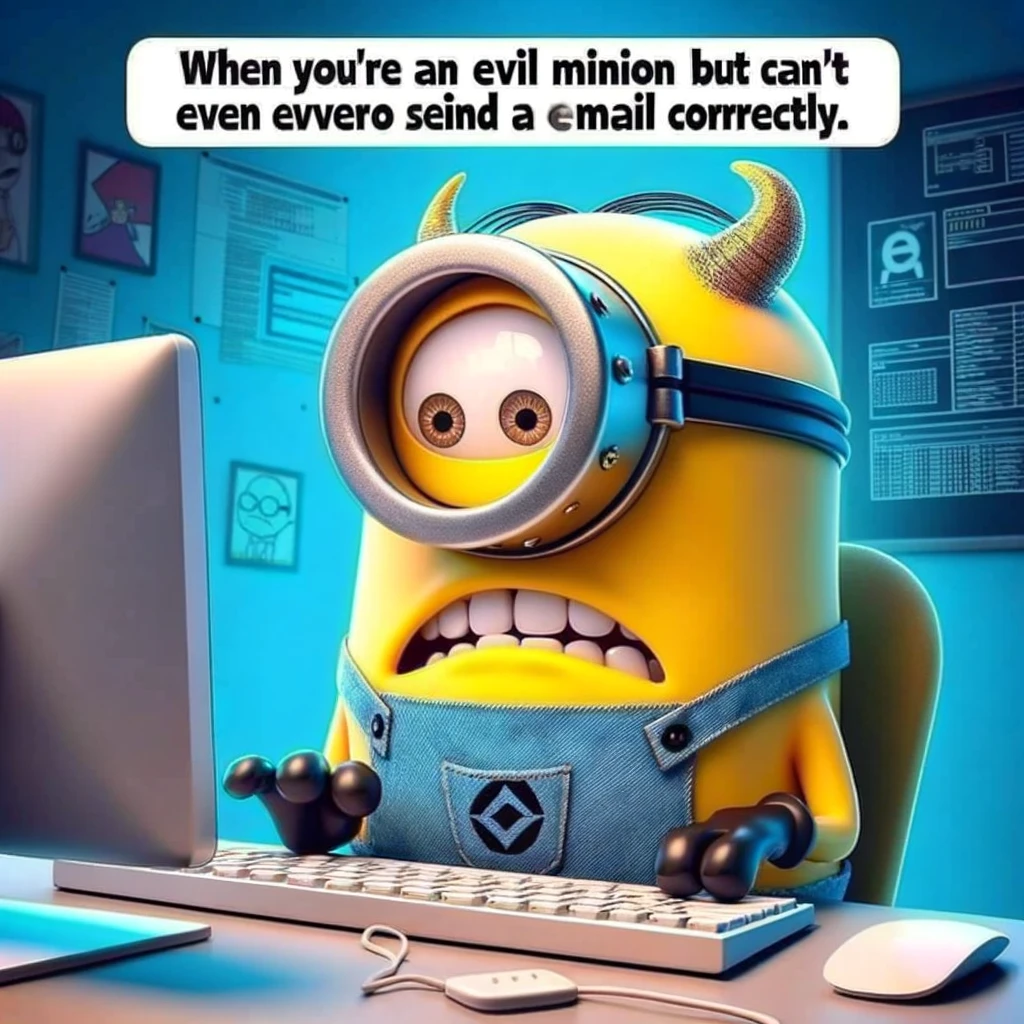A cartoon image of a minion from Despicable Me looking confused in front of a computer with the caption, 'When you're an evil minion but can't even send an email correctly.'