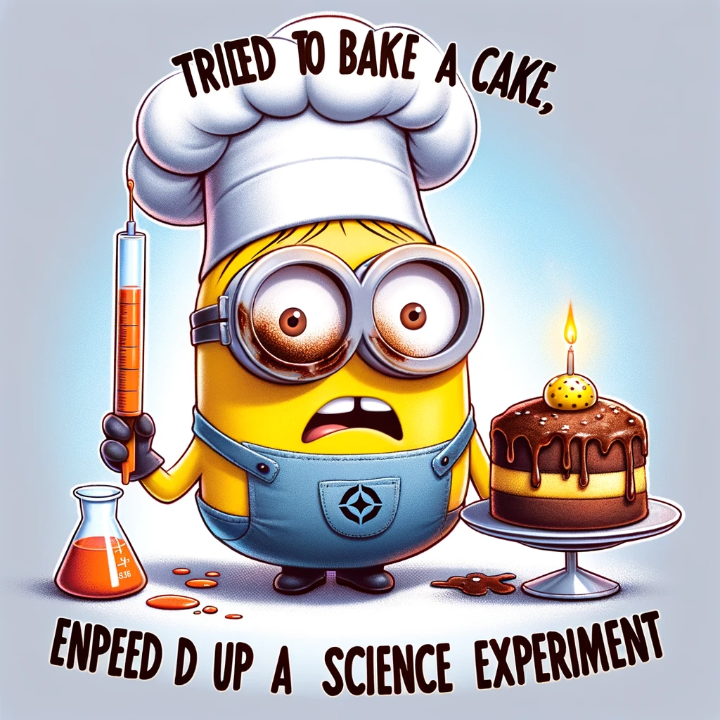 A cartoon image of a minion wearing a chef hat and holding a burnt cake, looking dismayed, with the caption, 'Tried to bake a cake, ended up with a science experiment.'